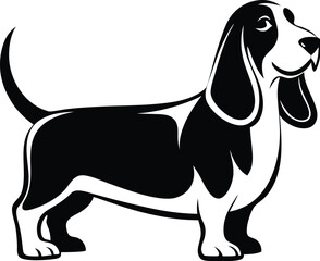 Basset hound silhouette, Vector illustration, Flat style icon of basset hound for different design, Cute family dog, Simple silhouette pictogram for different design 
