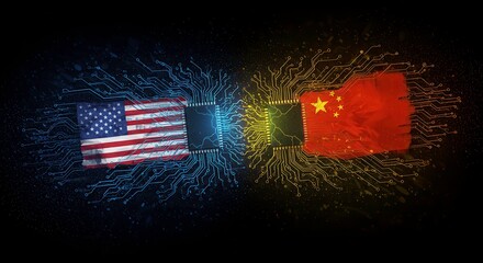 Illustration of the United States and China flags on computer chips connected by circuit boards, symbolizing technology competition and trade relations.