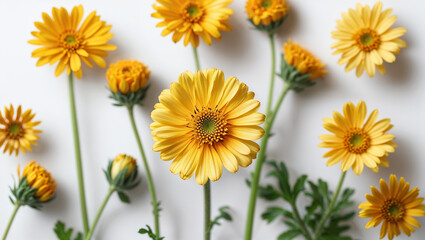 Elegant Arrangement Of Yellow Gerbera Daisies On A Clean White Background With Soft Lighting