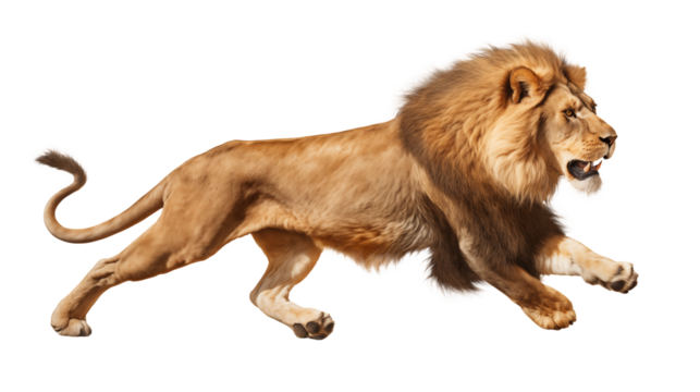 A full body side view of a lion running with its mouth slightly open isolated on transparent background	