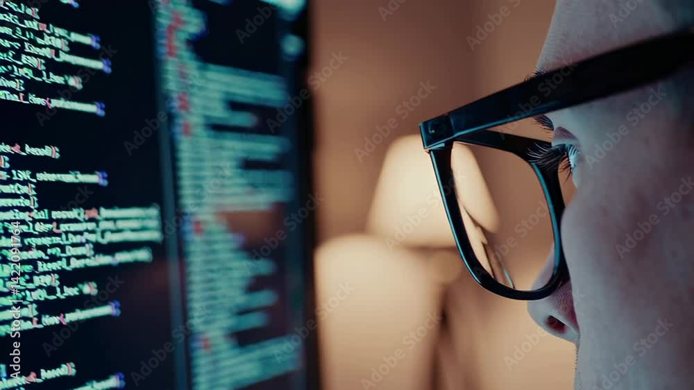 Aufkleber Close up profile view of a programmer wearing glasses, intently examining lines of code displayed across multiple computer screens in a dark room