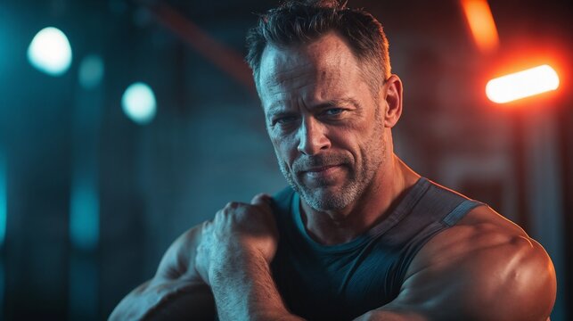 Middle-aged man with a serious expression demonstrating fitness in a gym background for joint pain awareness concept, joint pain awareness concept, modern fitness aesthetic, 