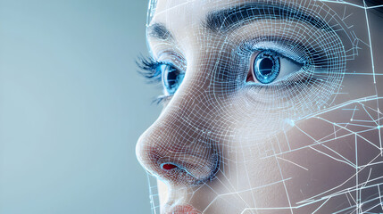 Digital rendering of a face overlaid with a network. Suggests AI facial recognition or technological integration. Ideal for tech-related articles or presentations.