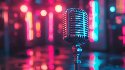 Vintage Microphone on Stage with Neon Lights