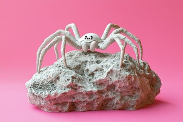 Cute, white spider atop a textured rock.