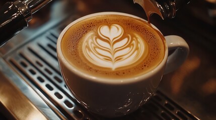 Latte art in a white cup on an espresso machine drips brown coffee. Perfect image to display a coffee shop or fresh drink menu design.