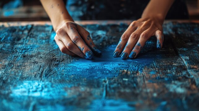 Close-up of hands applying vibrant blue paint, creating a textured artwork.