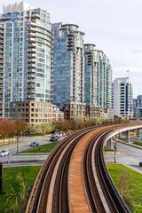 Modern Urban Scene with Elevated Railway in Downtown Vancouver, BC, Canada
