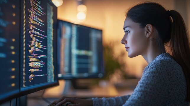 A focused young woman programmer intently reviewing lines of code on her computer screens during a late-night coding session.