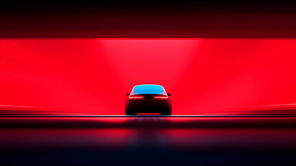 Blue Car in Red Neon Tunnel at Night