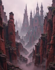 A majestic, very old castle stands atop a rugged hill, its weathered stone walls adorned with ivy. Towering turrets reach towards the sky, while a moat reflects the surrounding landscape.