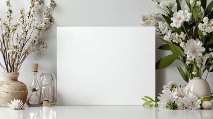 Elegant White Vase with Colorful Flowers and Blank Paper on Table