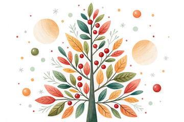 Autumnal Tree with Watercolor Leaves and Berries