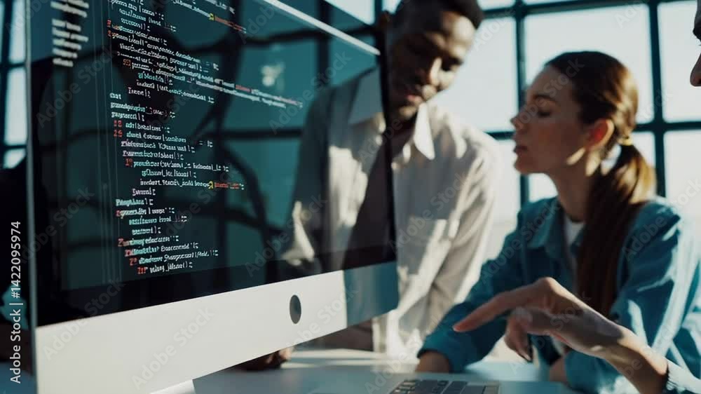 Aufkleber Programmers team working on a project and analyzing code displayed on computer screen, discussing and collaborating to find solutions and improve software performance