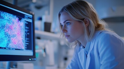A female scientist intensely analyzes a complex data visualization on a computer screen, likely conducting research in a laboratory setting.