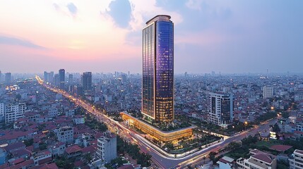 Obraz premium A sleek, modern edifice, its glass facade gleaming under the city lights, hummed with activity as AI-powered sensors and pumps meticulously processed wastewater, purifying and rejuvenating the 