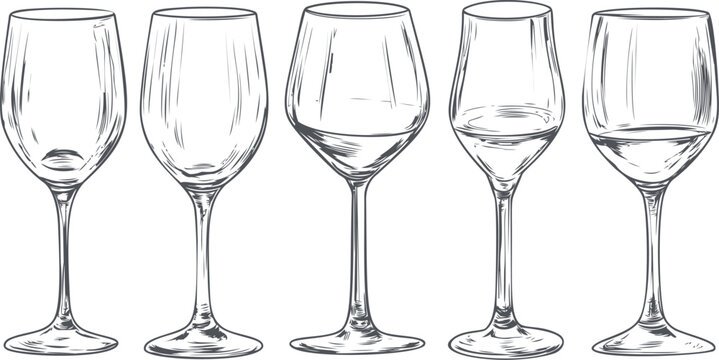 Illustration of five different wine glasses in black and white sketch style. Vector illustration