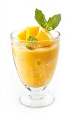 Mango smoothie in a glass cup, isolated on a white background.