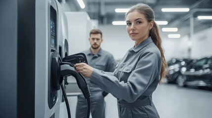 A female mechanic confidently connects an electric vehicle charging cable to a charging station, showcasing the future of automotive repair.