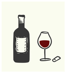 Hand-drawn illustration of a wine bottle, a glass filled with red wine, and a cork. Minimalist and cozy sketch style for food and drink designs.