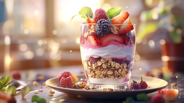 Realistic fruit parfait with fresh layers