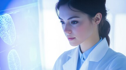 Obraz premium A female doctor attentively examines brain scans displayed on a digital screen, meticulously analyzing neurological data.