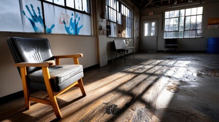 Abandoned waiting room with sunlight streaming through dirty windows and worn-out furniture