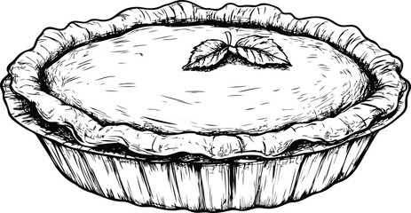 Black and white sketch of a pie with leaf decoration on crust. Vector illustration