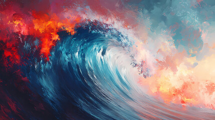Vibrant artistic depiction of ocean wave with dynamic colors, blending cool blues and fiery reds, capturing the beauty and power of nature. Reverie Swell. Illustration