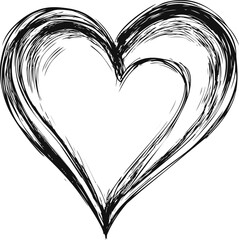 Black brushstroke heart illustration with rough sketchy outline on white. Vector illustration