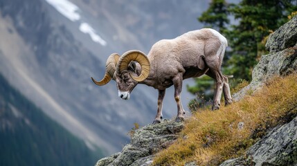 Naklejka premium A large wild ram stands on a rocky mountainside in the wilderness