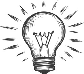 Black and white sketch of a glowing light bulb with radiating lines. Vector illustration