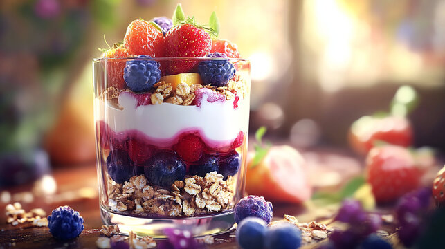 Realistic fruit parfait with fresh layers