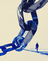 Petite silhouette d'un travailleur en costume devant une immense chaîne, dessin à l'encre bleue sur fond beige : esclavage moderne