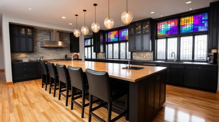 Modern Dark Kitchen Island with Stained Glass Windows - Sleek, modern kitchen design featuring a large island, dark cabinetry, and vibrant stained glass windows. Symbolism: Modernity, craftsmanship