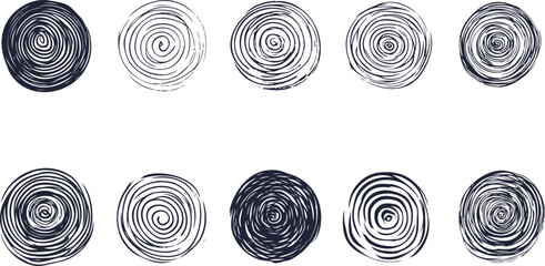 Black and white hand-drawn spiral patterns in a horizontal arrangement. Vector illustration