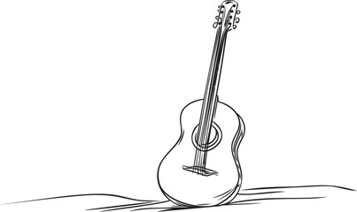 Black and white sketch of a guitar resting on a surface, musical concept art. Vector illustration