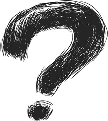 Hand-drawn black sketch of a large question mark with rough edges. Vector illustration