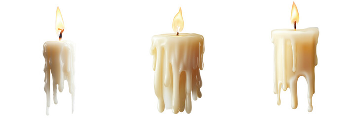 A set of close-up images of white candles with gentle wax drips, isolated on a transparent background