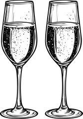 Fototapeta premium Illustration of two champagne glasses with bubbles, black and white art. Vector illustration