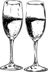 Fototapeta premium Illustration of two wine glasses with bubbles in black and white sketch style. Vector illustration