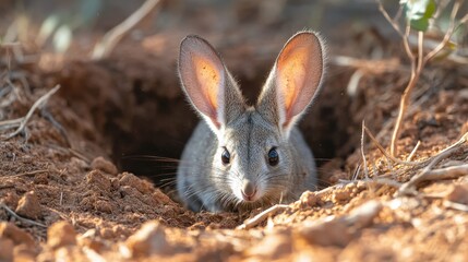 Fototapeta premium A Small Hare Peeks Out Of Its Earthy Buried Burrow Hole