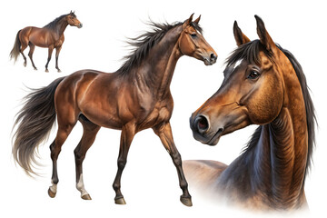 Obraz premium A digital artwork featuring three depictions of a brown horse against a isolated on a transparent background Png n varying sizes