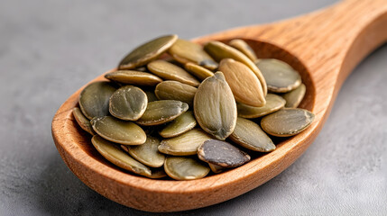 Close-up of Organic Pumpkin Seeds in Wooden Spoon