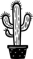 Black and white illustration of potted cactus with spines. Vector illustration