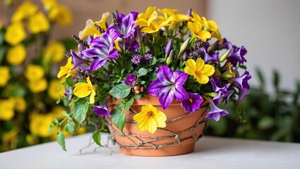 Yellow and Purple Columbine and Calluna in Vine-Wrapped Pot - Floral Design Concept