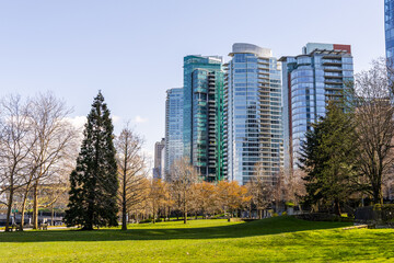 Urban Park Scene with Skyscrapers in Downtown Vancouver, BC, Canada
