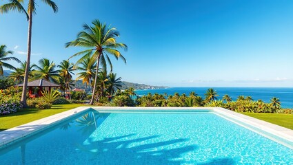 Obraz premium Tropical Escape: Empty Pool, Lush Landscape View