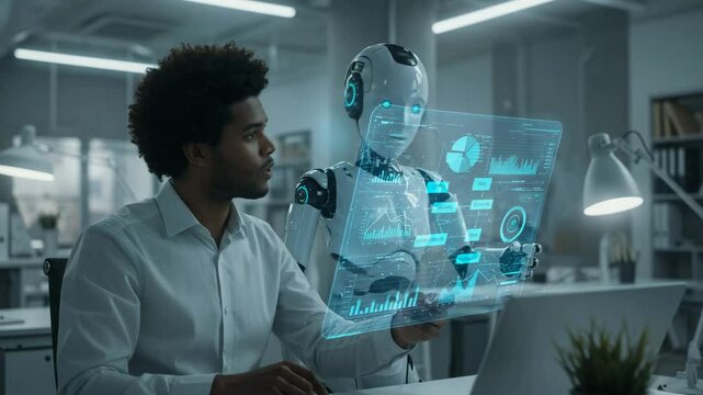 AI agent interacting with a human in a modern office environment  