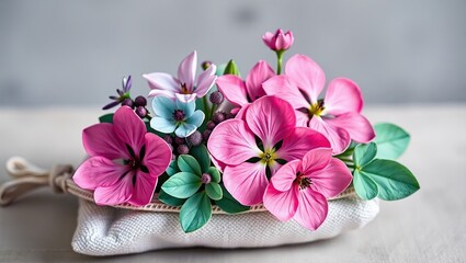 Fototapeta premium Springtime Blooms: Pink Hepatica and Teal Lampranthus on Fabric Pouch